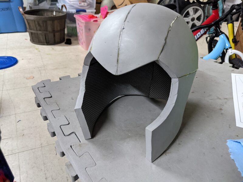 The finished open-faced foam helmet shell, seams heat-sealed