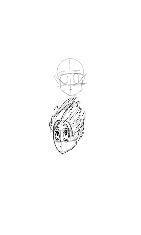 Anime-style character head studies, a basic construction guide and a more finished spiky-haired face