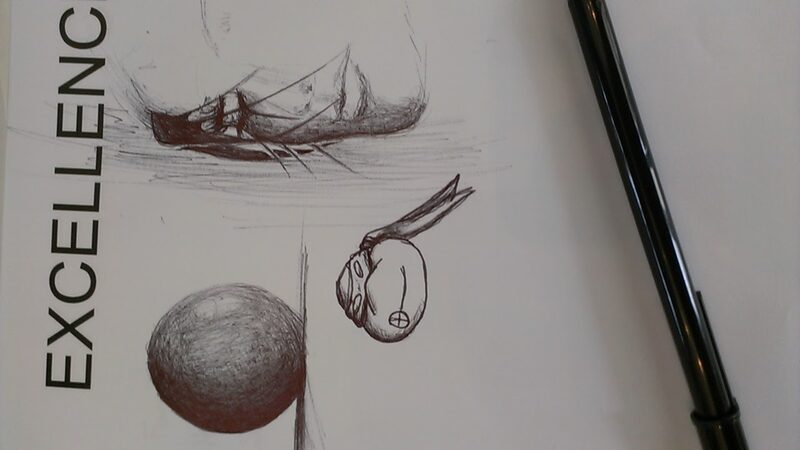 A pen sketch sheet in a notebook, with a shaded sphere study, a half-shaded portrait of a woman's face, and a Ninja Turtle doodle