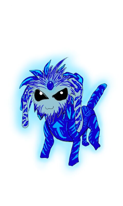 A digital drawing of an original blue furry creature with a jewel on its forehead