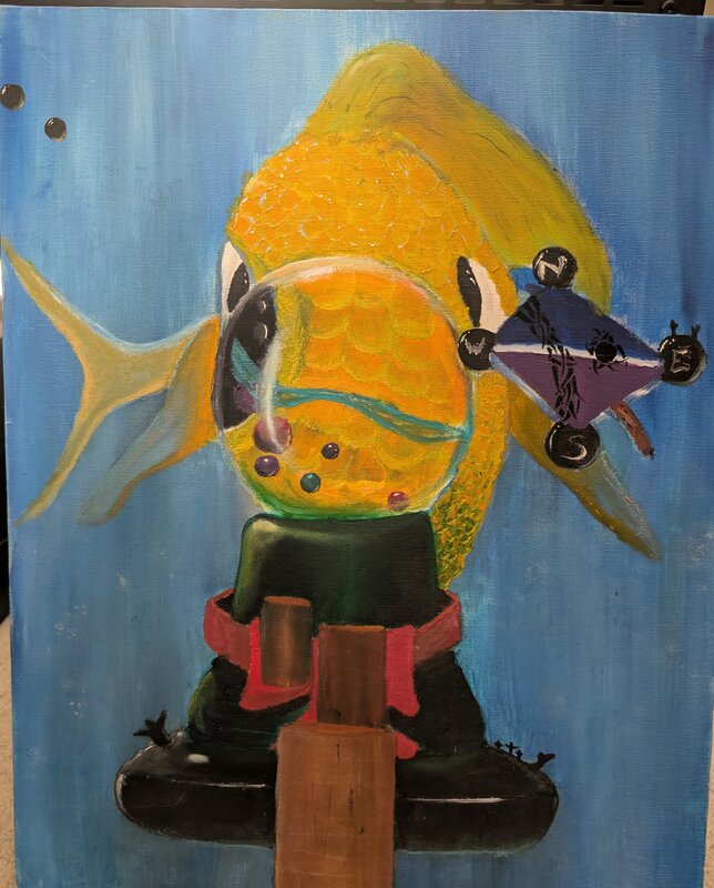 An oil painting of a fantastical goldfish wearing a diving helmet and holding a compass, made as a kid in the 90s