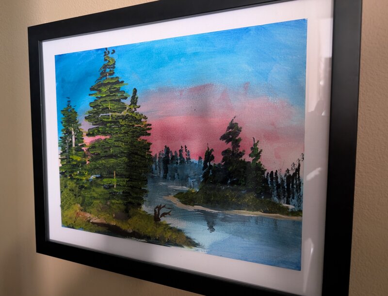 An acrylic painting of pine trees along a lake shore at sunset, with a pink and blue sky