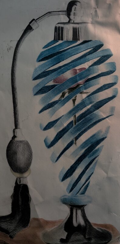 A pastel drawing of a rose inside a spiral-cut glass vase, with a perfume atomizer bulb and hose beside it