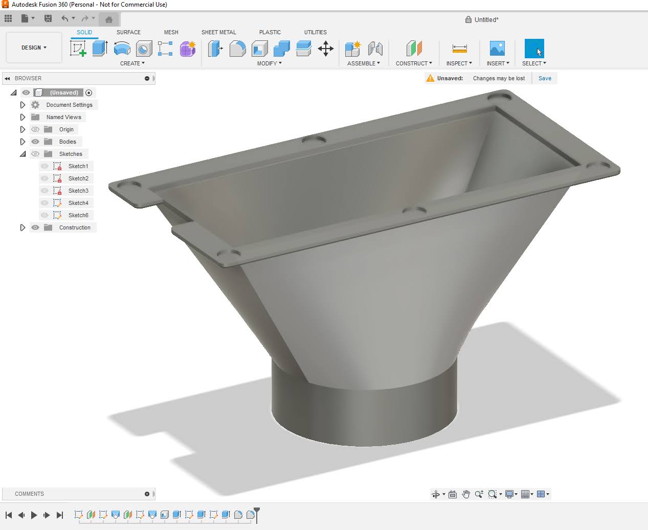 A Fusion 360 model of a funnel-shaped hopper adapter, with a flanged rectangular top narrowing to a round tube
