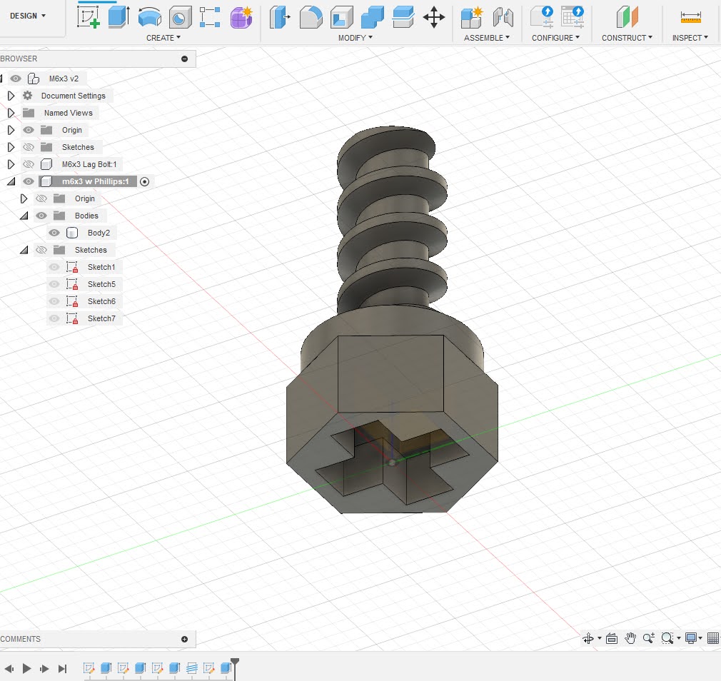 A Fusion 360 model of an M6x3 hex-head bolt with a Phillips drive