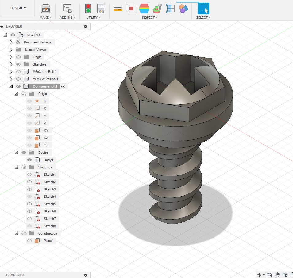A Fusion 360 model of the same M6x3 bolt with a recessed hex/star drive head