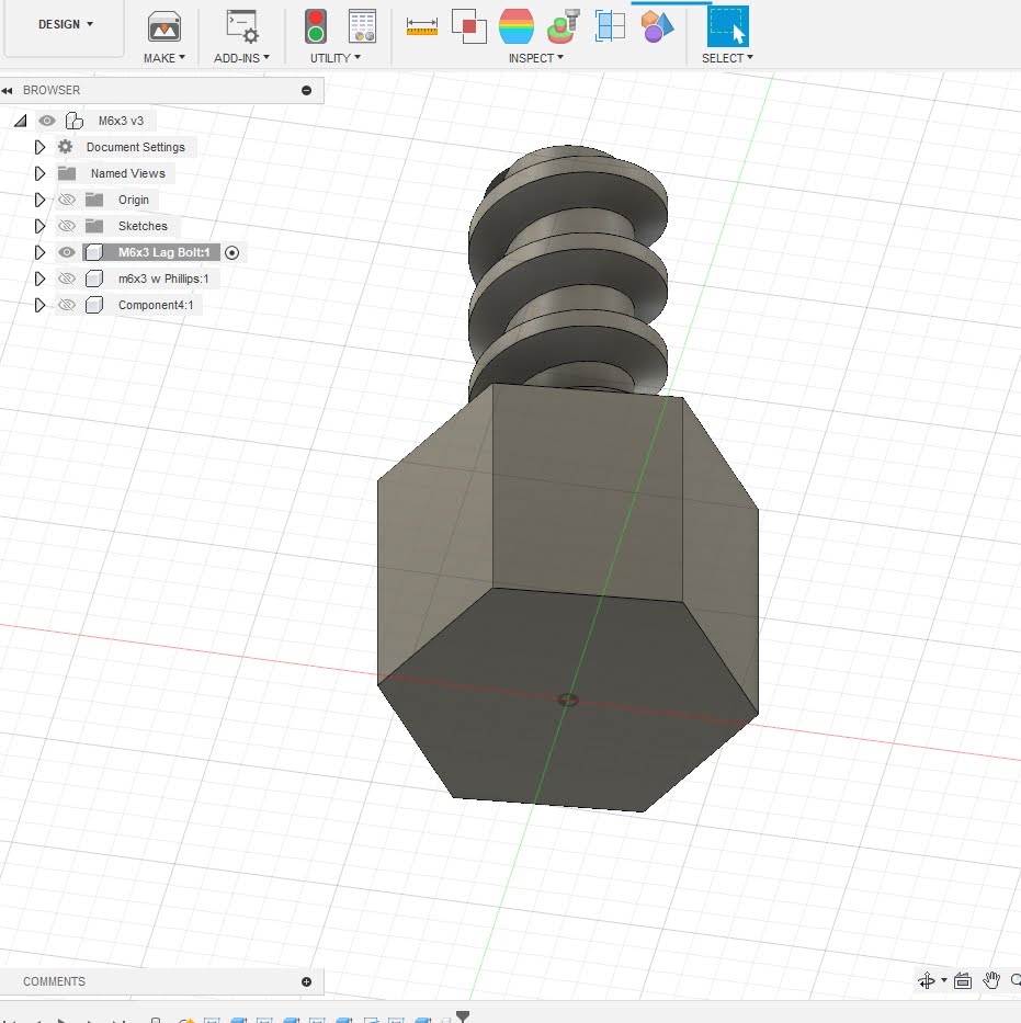The M6x3 bolt viewed from below, showing the hex head shape