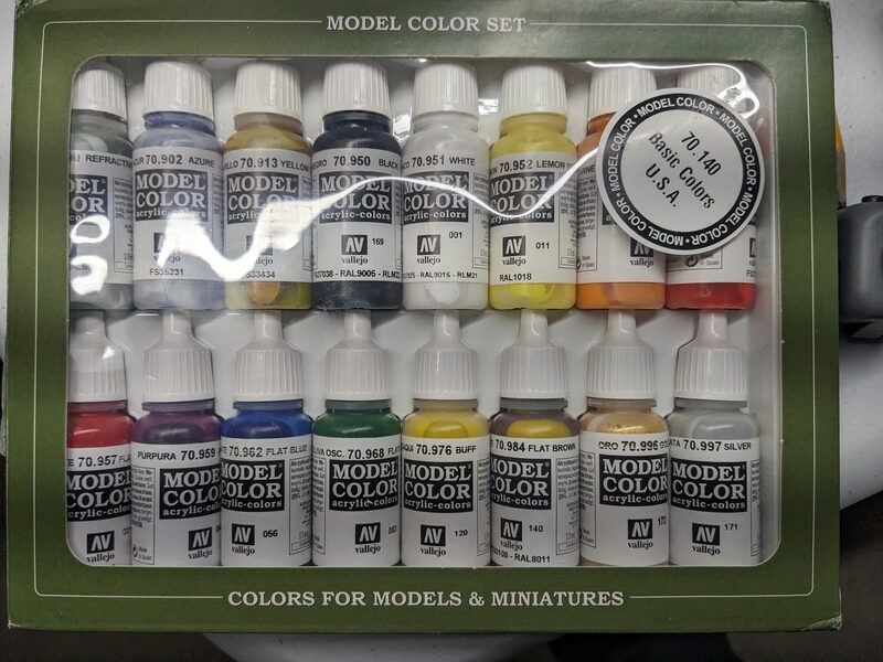 A Vallejo Model Color acrylic paint set, Basic Colors USA set 70.140, with 16 small bottles