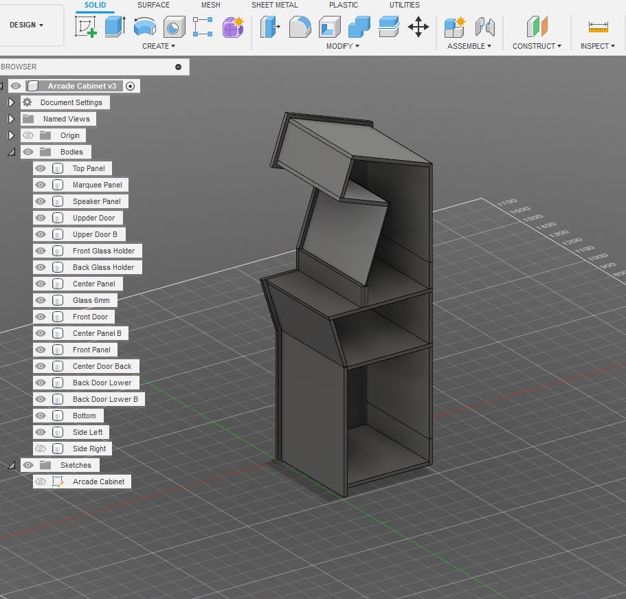 A Fusion 360 model of a full-size upright arcade cabinet, with marquee panel, glass holders, and doors