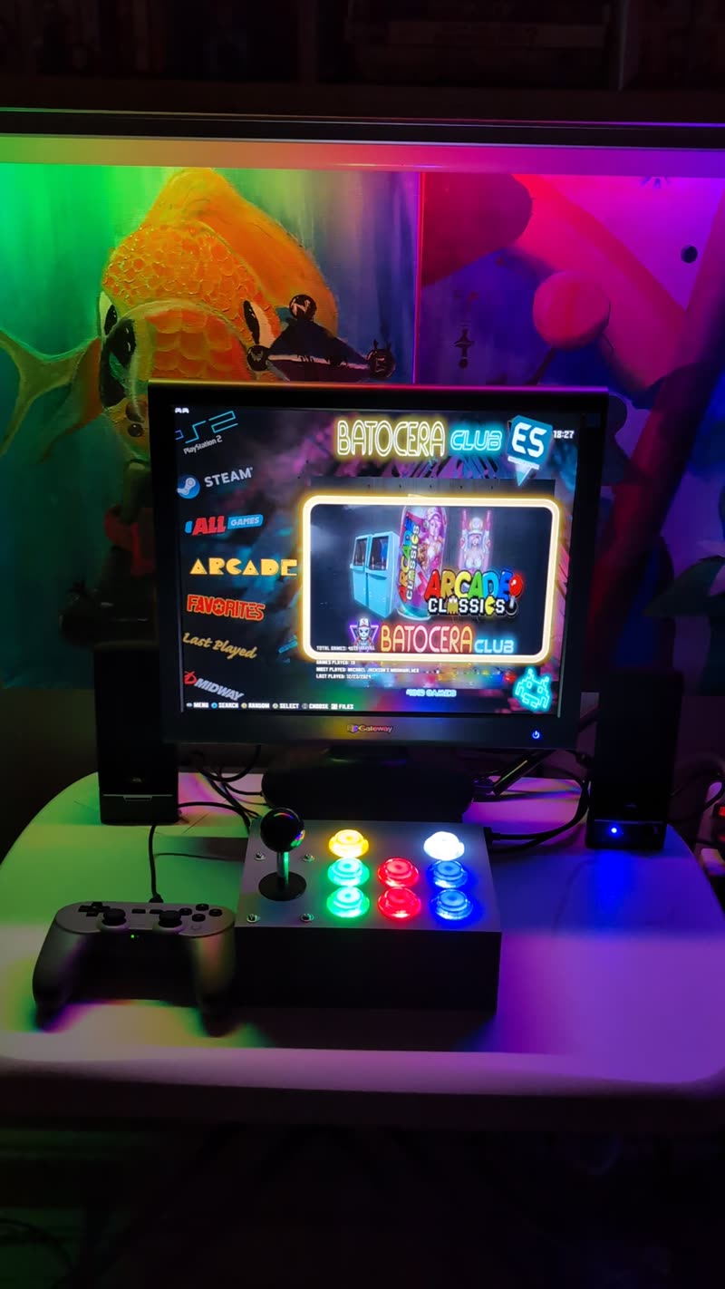 Video still of the Batocera setup with the custom arcade controller and WLED lighting