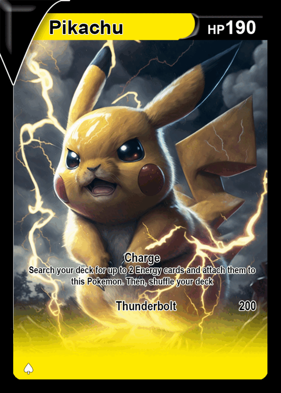 A custom Pikachu ultra rare card with HP190, Charge and Thunderbolt moves